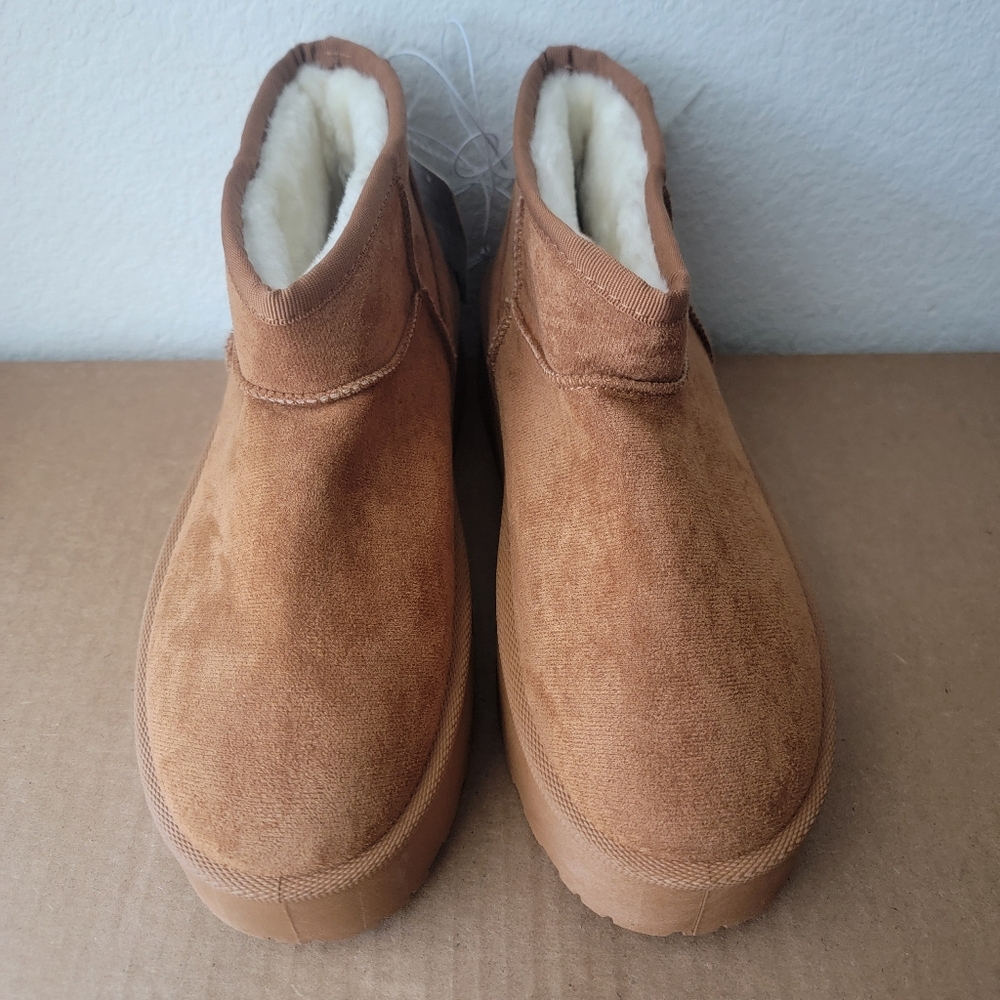 Cozy MUDD Cognac Faux Suede Ankle Boots With Sherpa Lining